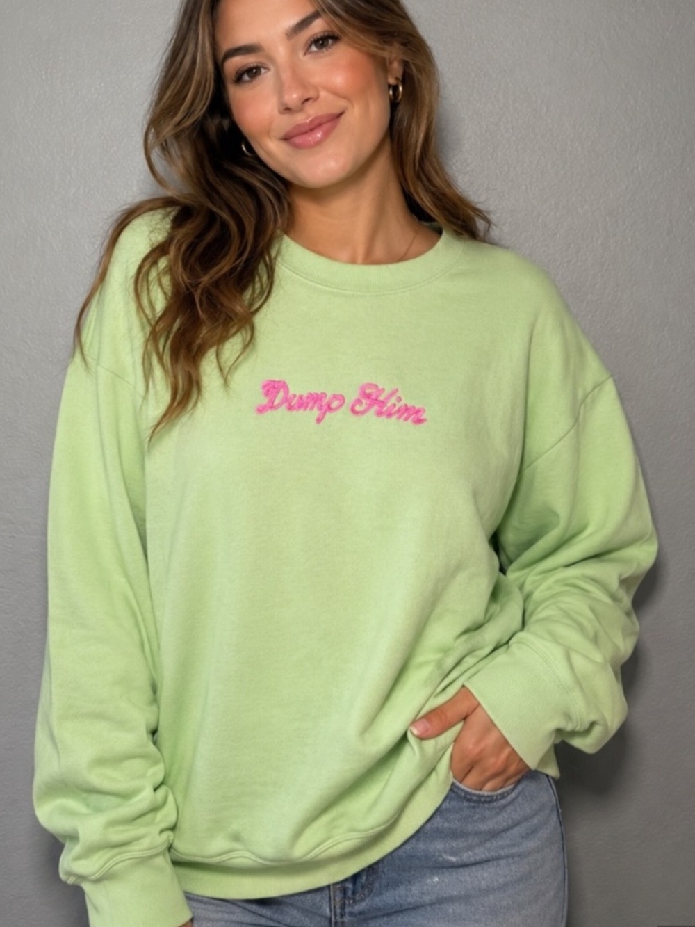 VICTORIA'S SECRET PINK size XLARGE Lime Green "Dump Him" Sweatshirt NEW $59
